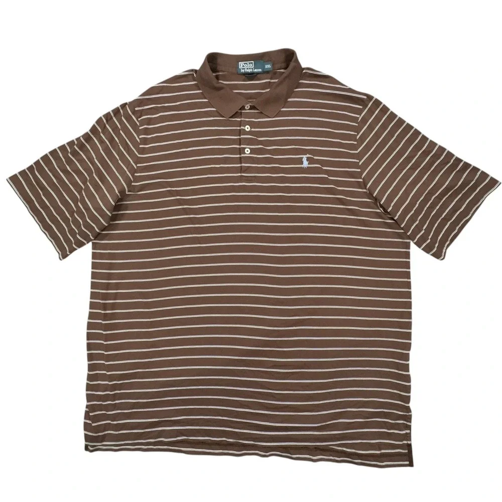 Polo Ralph Lauren Polo Shirt Mens XXL Brown Striped Pima Cotton Short Sleeve